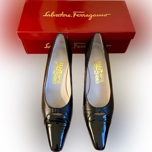 Salvatore Ferragamo, 8, black leather square toe kitten heel, 90s vintage